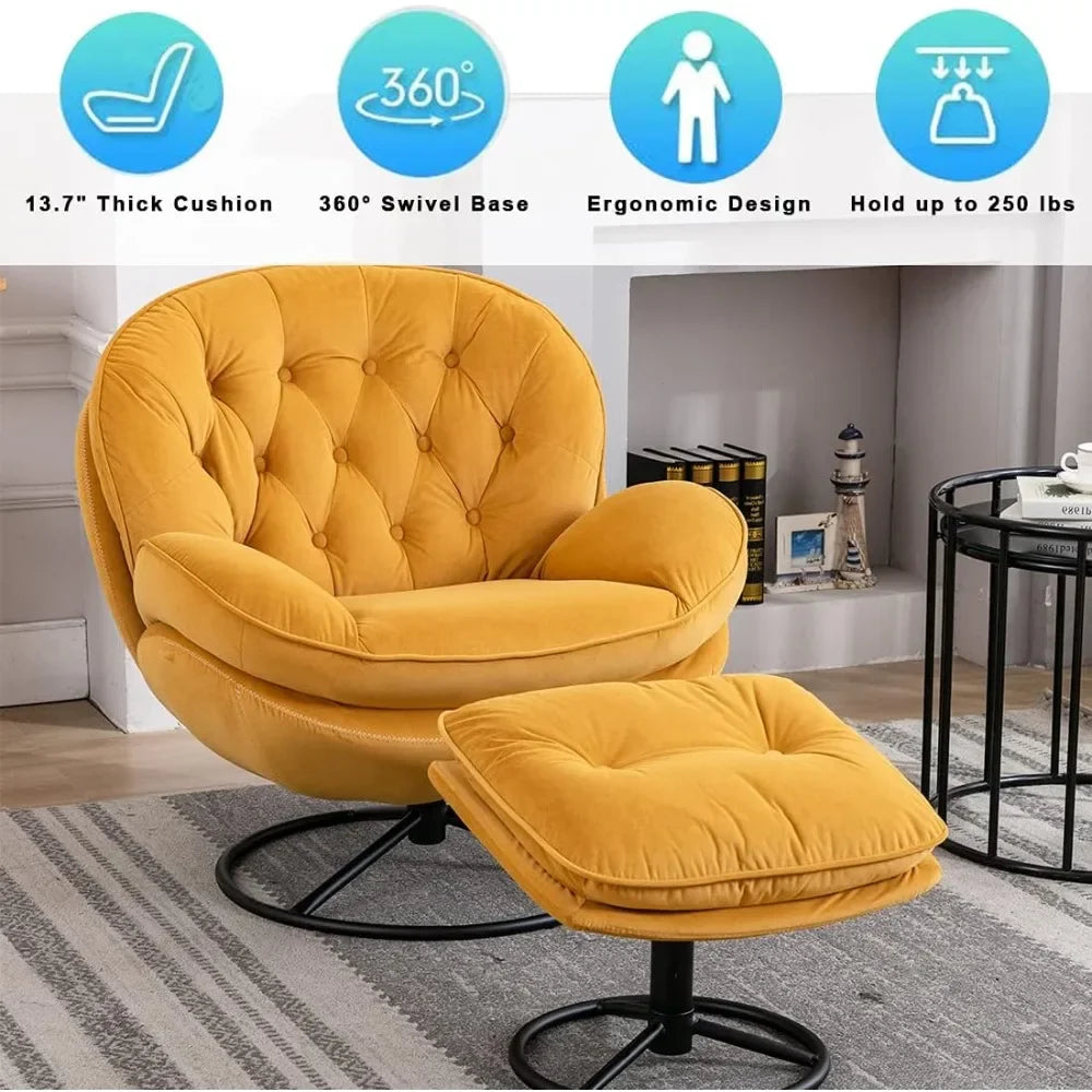 Velvet Swivel Accent Chair with Footrest, Comfy Armchair with 360 Degree Swiveling for Living Room, Bedroom