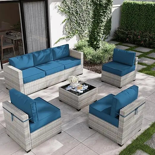 7-Piece Outdoor Patio Furniture Set, Gradient Wicker Sectional Sofa, Wicker Patio Conversation Set, Garden Furniture Sets