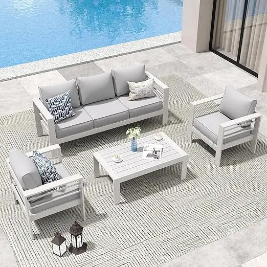 Aluminum Patio Furniture Set, Outdoor Sectional Metal Sofa with Coffee Table , 6 Pieces Modern Patio Conversation Sets