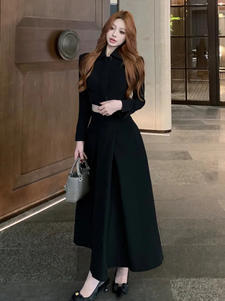 2024 Autumn New French Women's Elegant Fashion Two Piece Set Korean Casual Coat + Long Skirt Suits Female Conjuntos Femininos