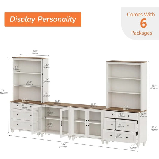 Bookcase,with Bookshelves with Glass Doors & Drawer, for TVs Up To 75", Media Console Table,  Home Theater, Wall Unit TV Stand