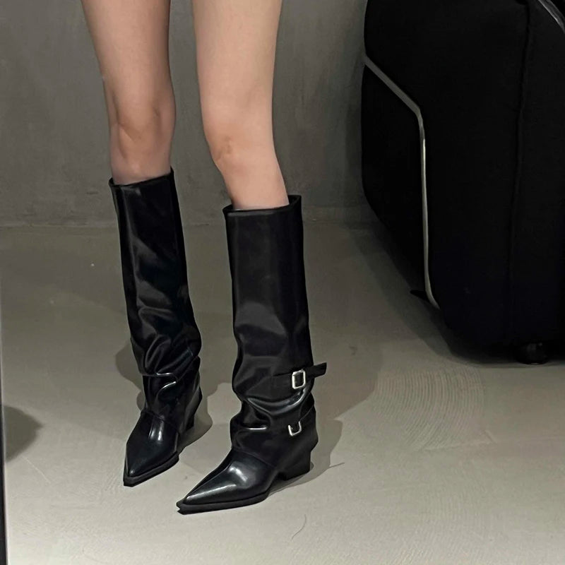 Retro Style Women Knee High Boots Fashion Belt Buckle Shoes Autumn Winter Wedges Heel Women's Knight Long Booties