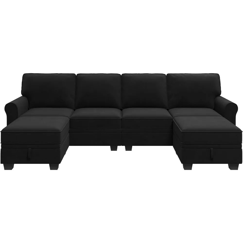 Sectional Sofa with Storage Seat Velvet U Shaped with Reversible Chaise Convertible Sectional Couches for Living Room,Black