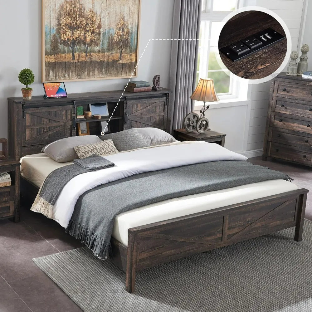 Sliding Barn Door Double Bed Dark Rustic Oak No Box Spring Needed Rustic Wood Platform Bed W/Wood Slats Support Charging Station