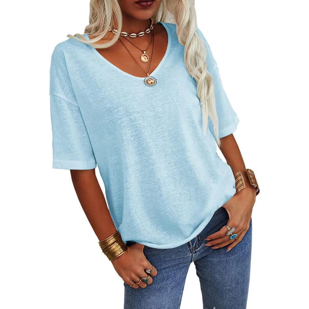 Women Fashion V-neck Half Sleeves Oversized T Shirt Solid Casual Loose Basic Tops