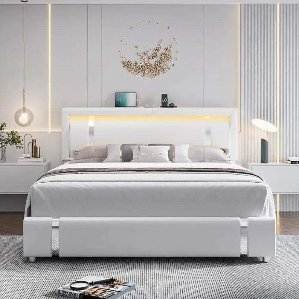 Bed Frame with RGB LED Lights & 2 Storage Drawers, Modern Upholstered Platform Bed with Iron Metal Decor, Suitable for bedrooms