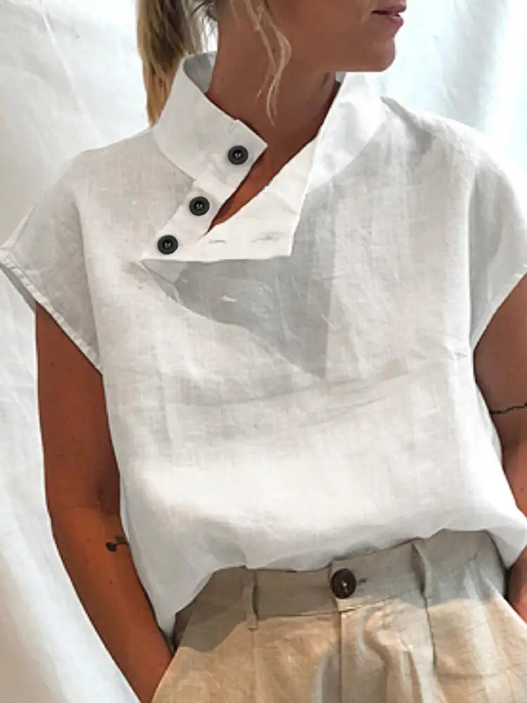 Fashion Women Blouses 2024 Summer Cotton Linen Stylish White Shirt Elegant Short Sleeve Tunics Lightweight