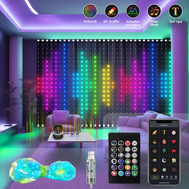 Smart Curtain Lights String Light App DIY Picture Text Led Display Smart LED RGB Fairy Light RGBIC LED Bluetooth Control