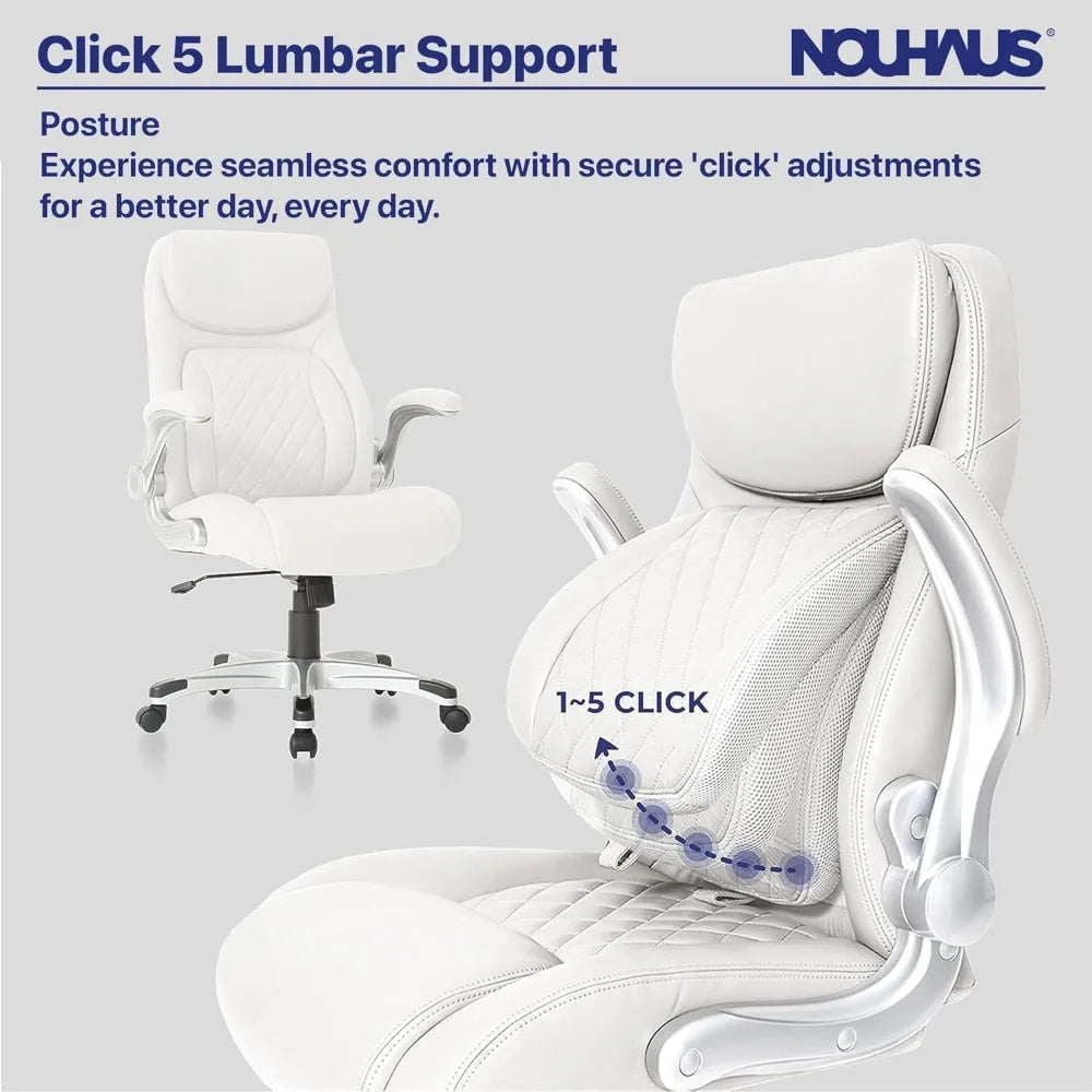 Posture Ergonomic PU Leather Office Chair. Click5 Lumbar Support with FlipAdjust Armrests. Modern Executive Chair  (White)