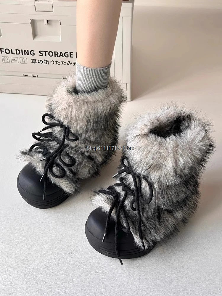 2024 Winter Snow Boots Women Ski Boots Luxury Fluffy Furry Fur Mid Claf Boots Female Lace Up Warm Plush Platform Cotton Boots