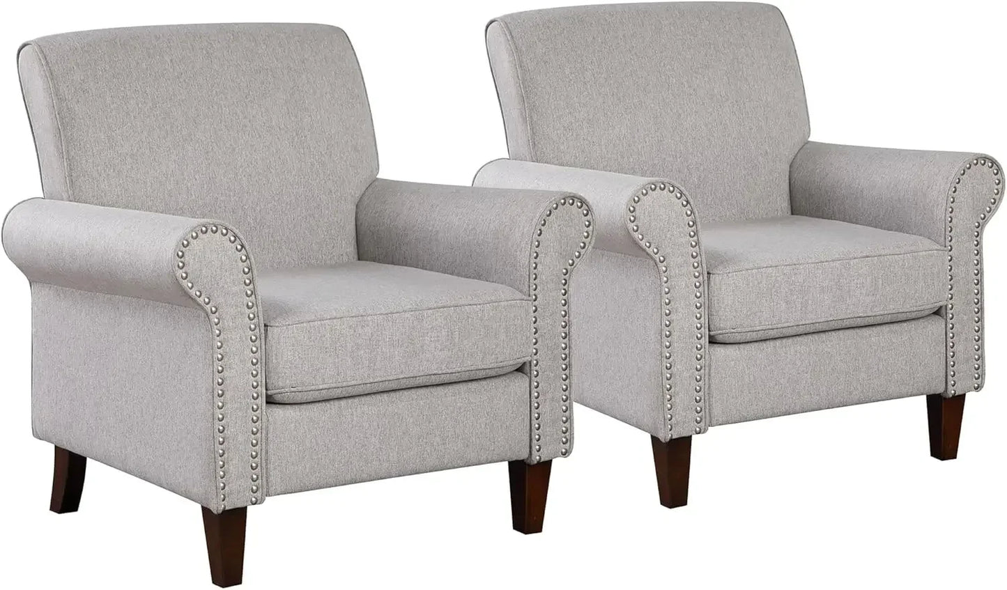 Living Room Chair Set of 2 with Cushion, Rolled Armrest, Nailhead Trim, Large Comfy Fabric Accent Chairs, Living Room Chair