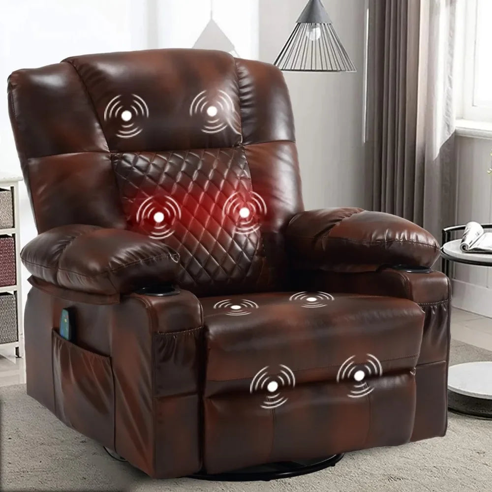 Swivel Rocker Recliner Chair with Massage and Heat, Overstuffed PU Leather Manual Recliner for Adults, Brown,Living Room Chairs