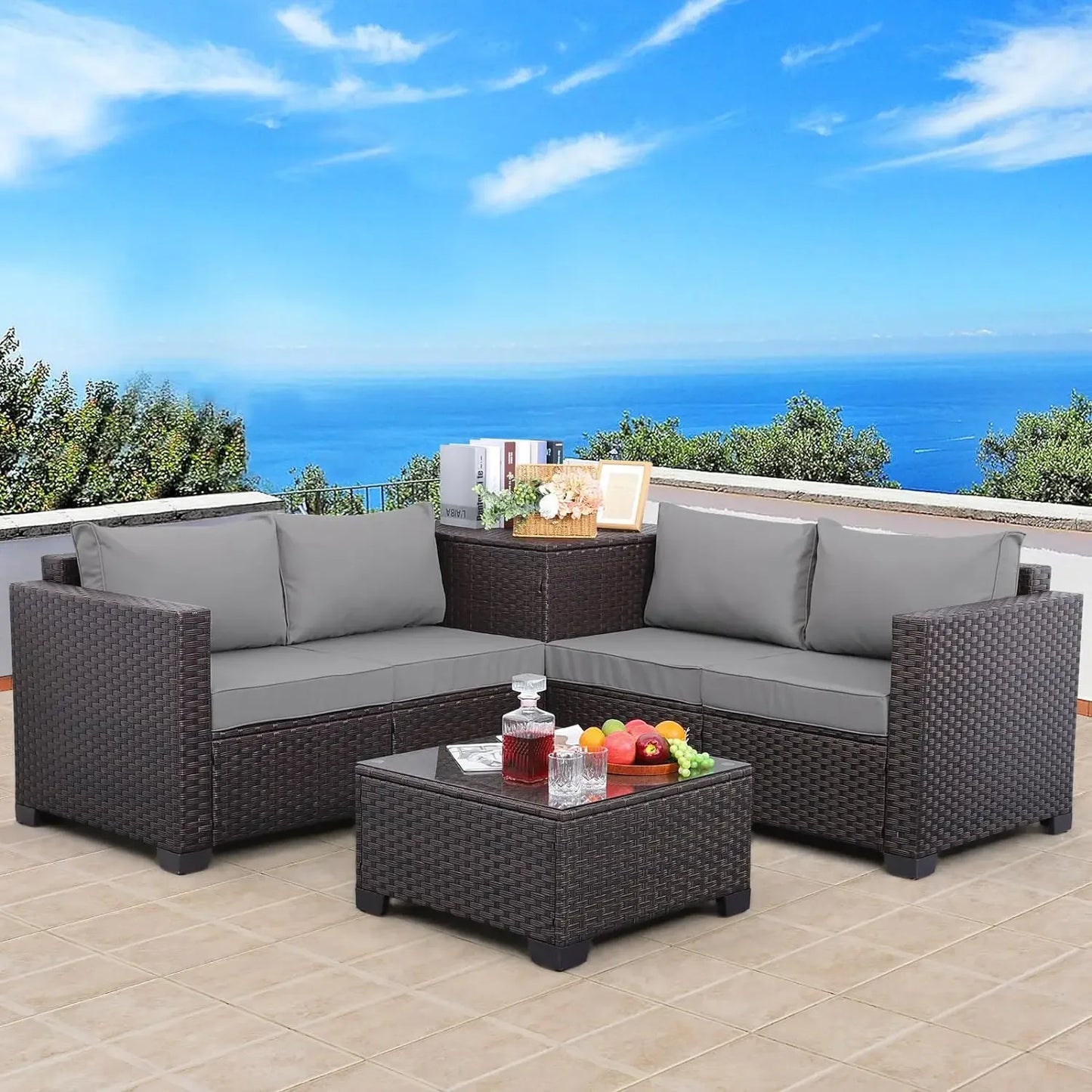 Patio Furniture, Set 4 Piece Black Rattan Sectional Sofa Conversation Couch Sets, Outdoor PE Wicker Patio Furniture Set 4 Piece