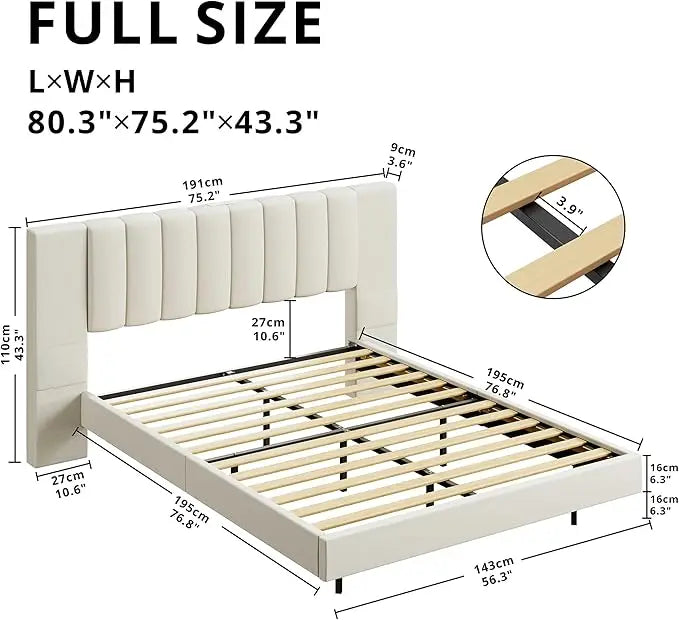 Floating Bed Frame Full Size with Wide Padded Headboard & LED Lights & Charging Station, Full Upholstered Platform, Bed Frame