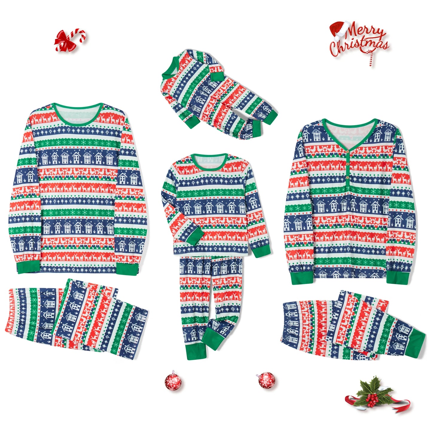 Christmas Family Pajamas Matching Set Elk Snowflake Print Long Sleeve Tops and Elastic Band Pants Sleepwear