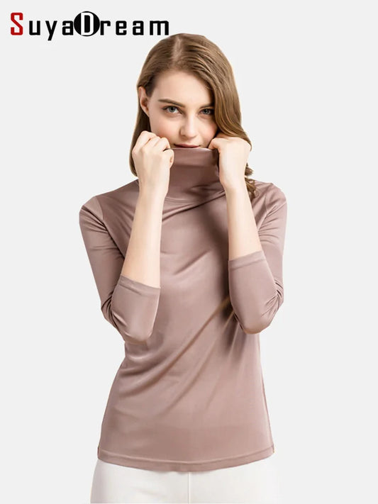 SuyaDream Silk Chic: Turtleneck, Long-Sleeved Solid Pullover. The perfect bottoming T-shirt for 2024 spring-autumn tops.