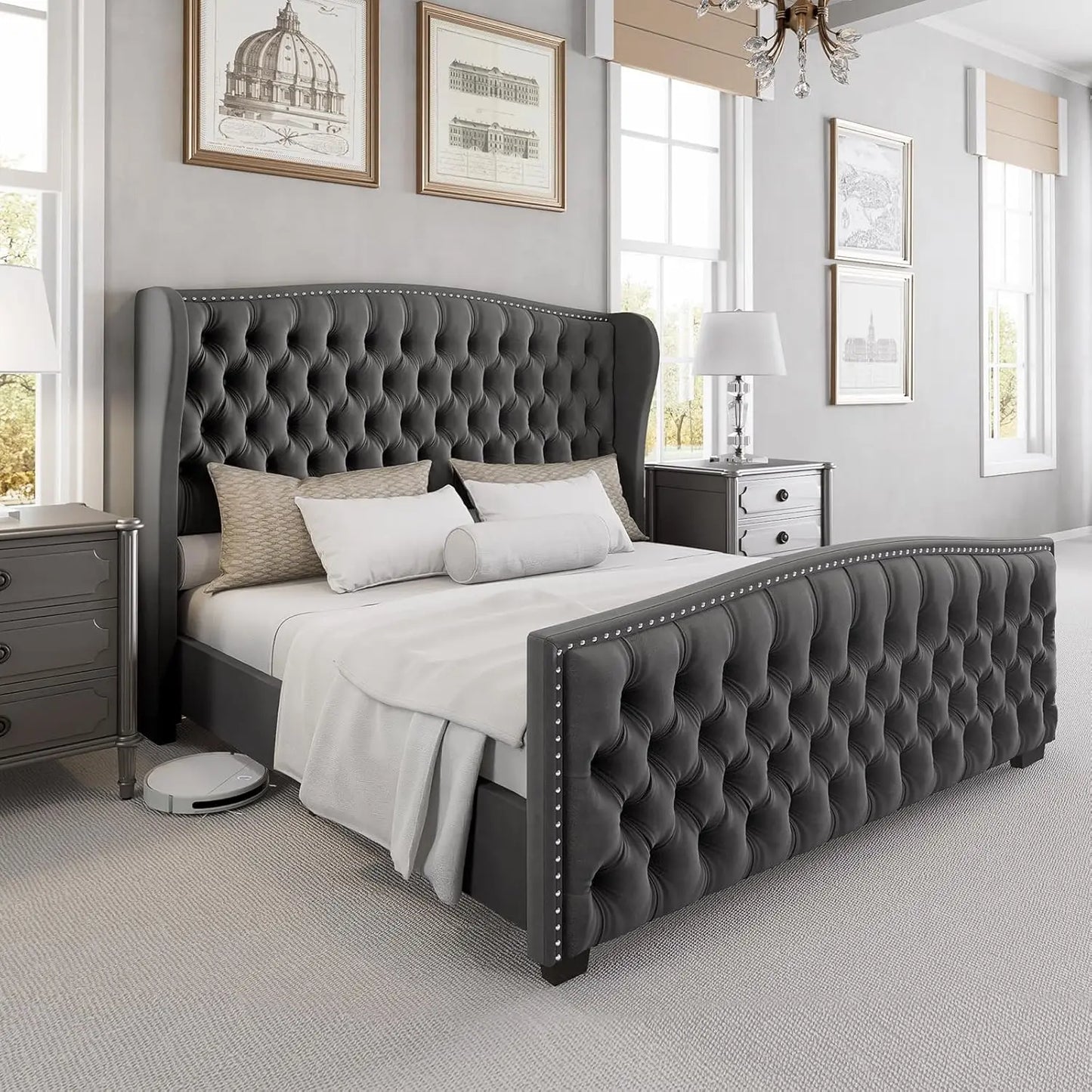 Bed Frame with Wingback Headboard, Velvet Upholstered Bed Frame with Handmade Button Tufted & Nailhead, Wooden Slats Support