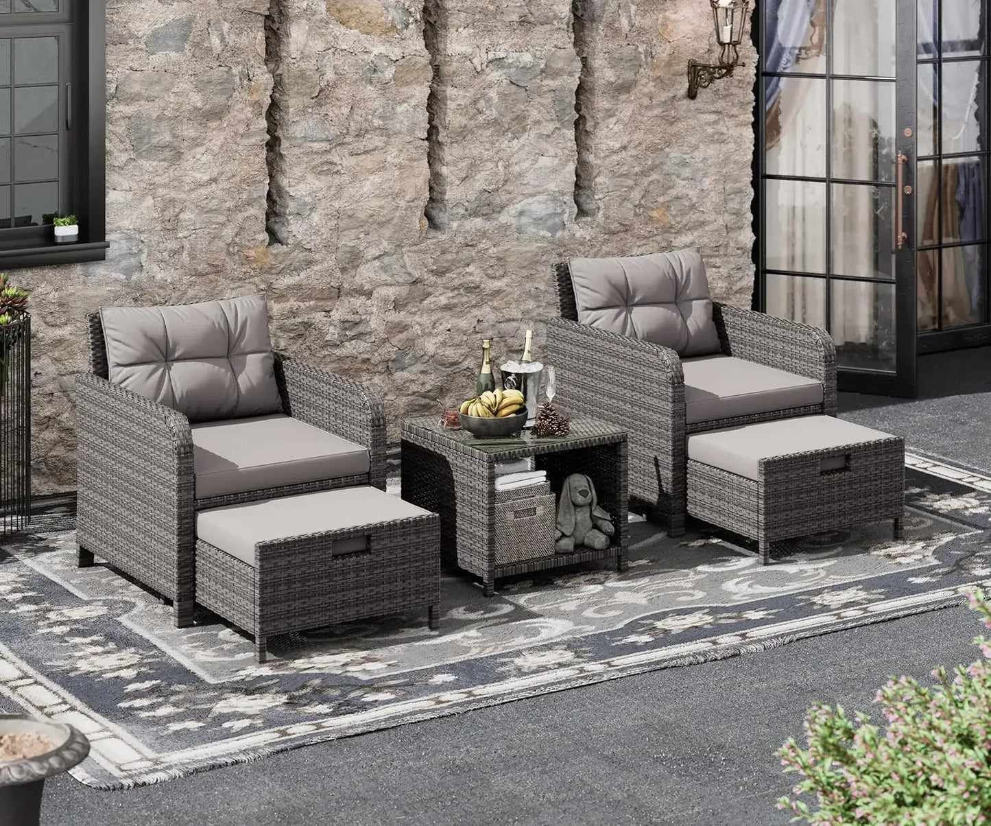 Garden Furniture Set 5 Piece, Wicker Rattan Lounge Chairs with Soft Cushions 2 Ottoman&Glass Table, Patio Conversation Set