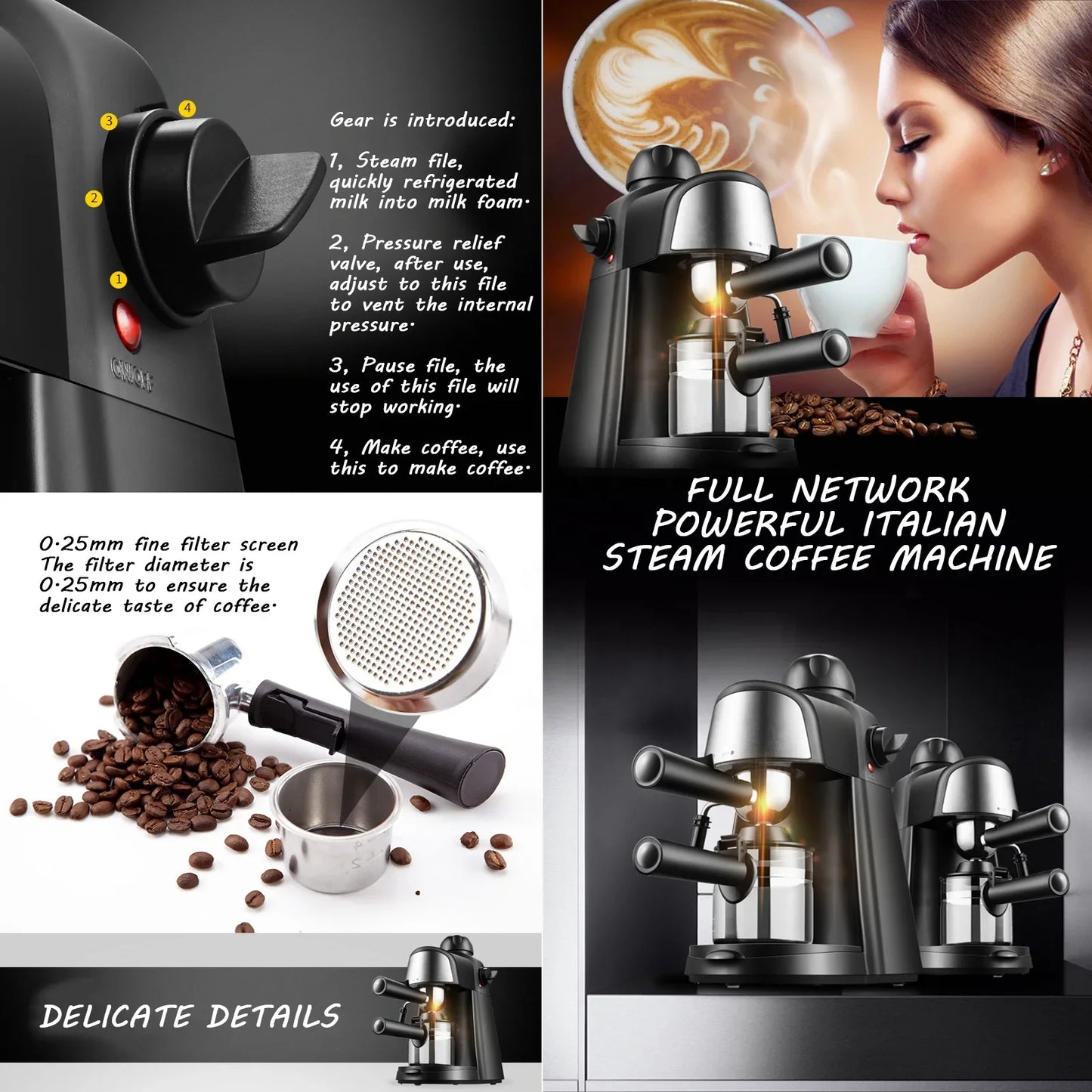 1-4 Cup Expresso Coffee Machine Steam Espresso Maker with Milk Frother