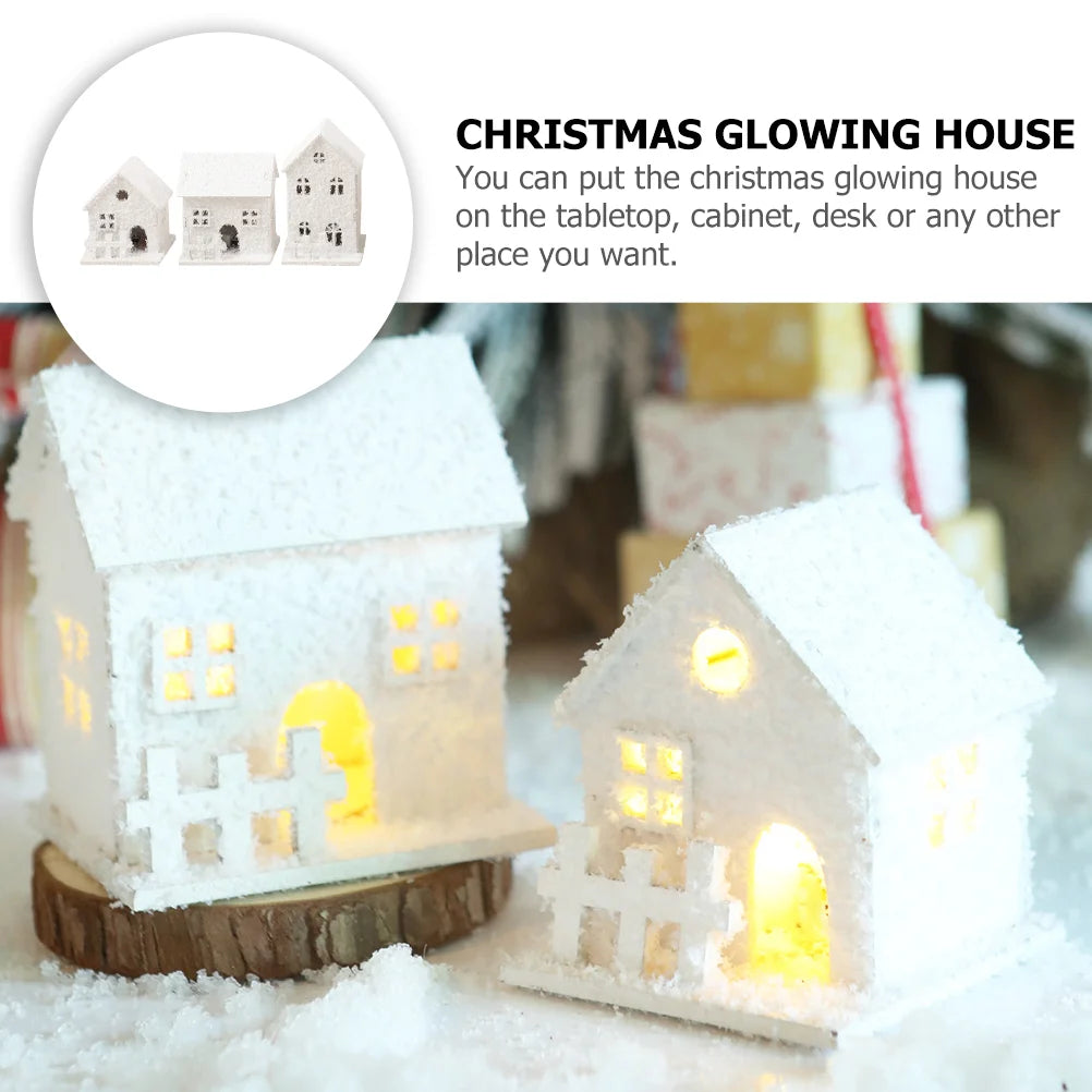 3 Pcs Christmas House Wood Craft Decor Village Accessories Glowing Rustic Crafts Ornament Cardboard Design Cabin