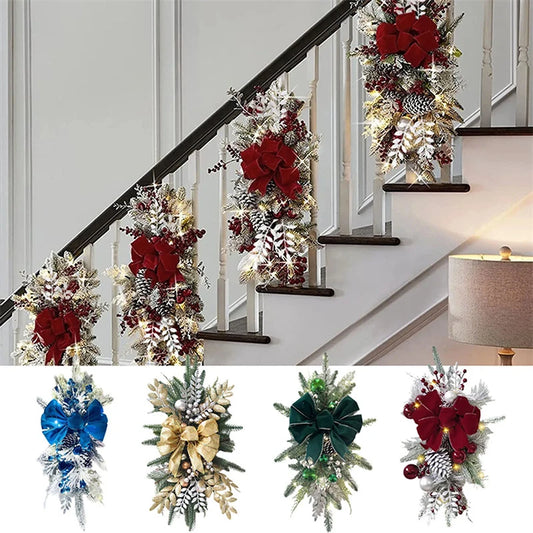 Christmas Swag Wreath Pendants LED Lights Staircase Wreath Ornament Swag Trim Garland Door Window Decoration Party Supplies