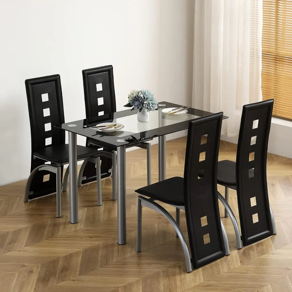 5-Piece Dining Table Set with 1 Glass Dining Table and 4 PVC Chairs, Modern Table Set for Kitchen & Dining Living Room