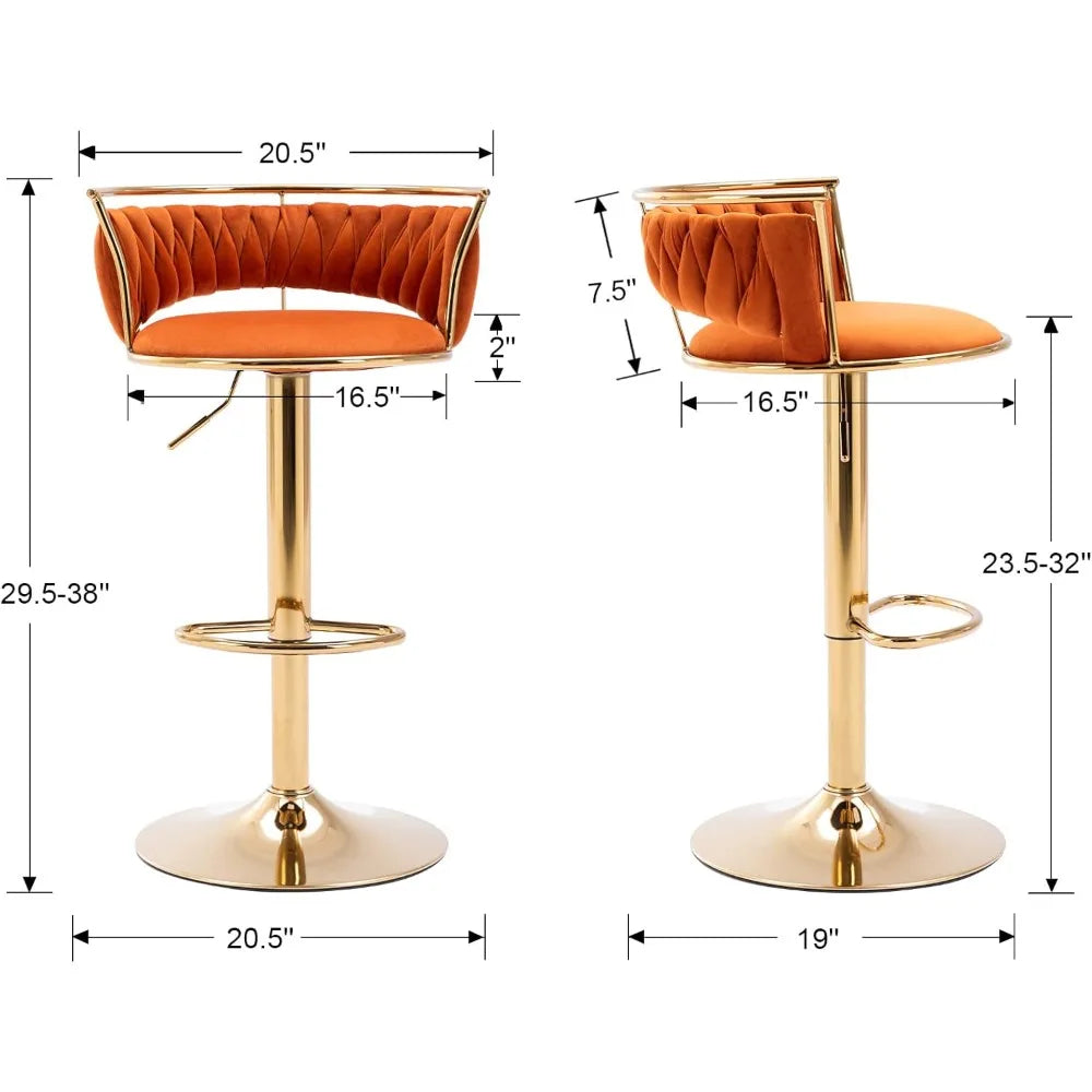 Swivel Bar Stools Set of 2, Velvet Adjustable Height Barstools Low Back Kitchen Island Counter with Golden Base Modern Bar Chair