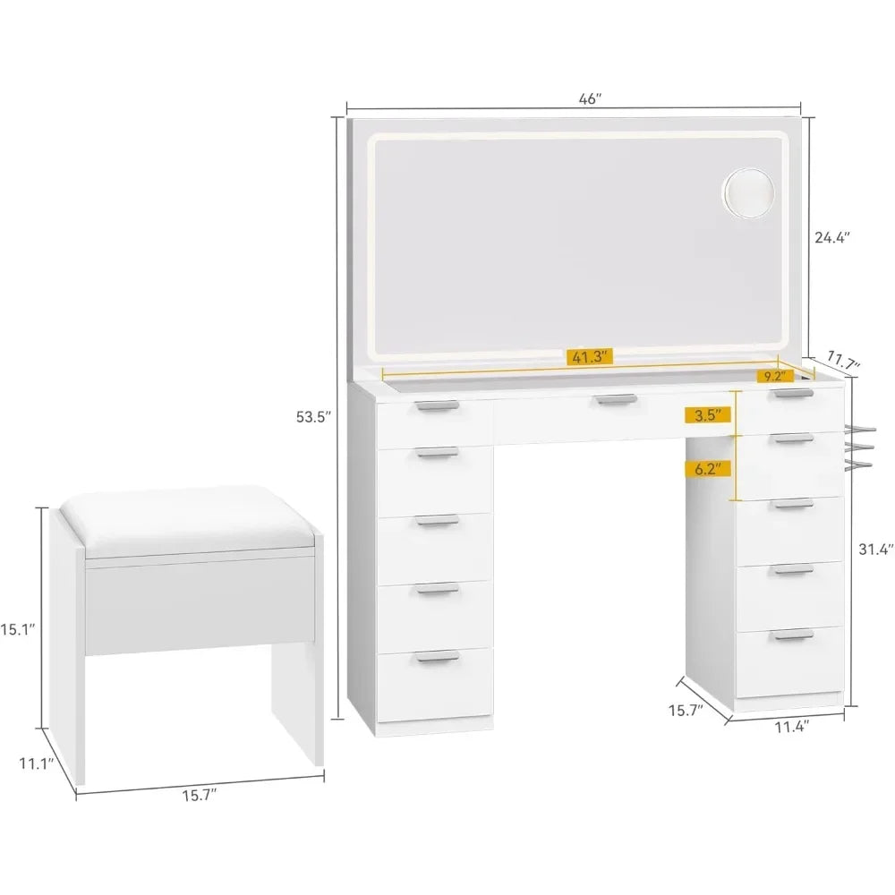 Vanity with LED-Lit Mirror & Electrical Socket, Cosmetic Vanity Station with 11 Compartments and Magnifier, 46'' Dressing Table