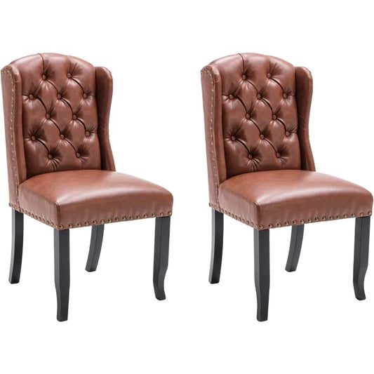 Refined Upholstered Dining Chairs Set of 2, Armless Kitchen Chairs with Wood Legs and Copper Nails, Tufted PU Leather stool