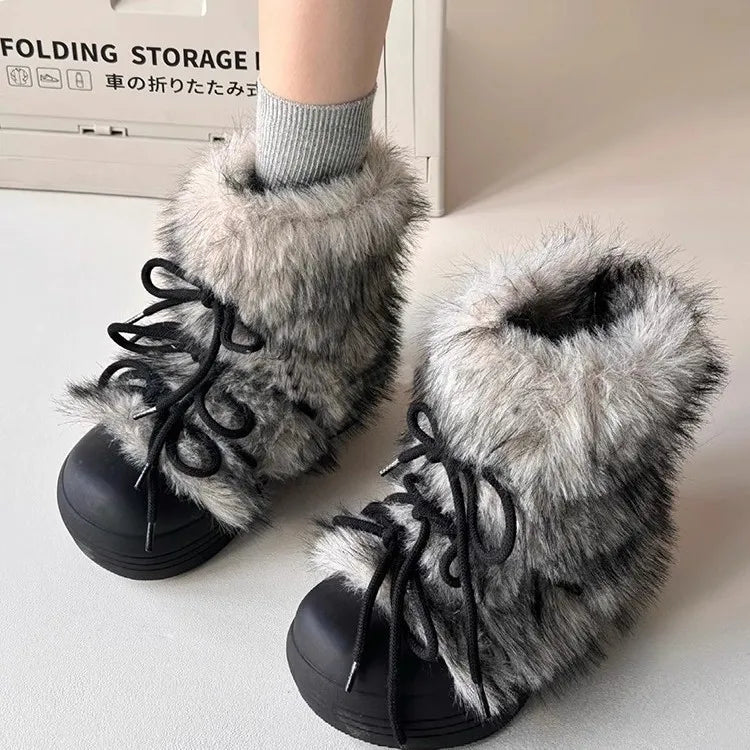 2024 Winter Snow Boots Women Ski Boots Luxury Fluffy Furry Fur Mid Claf Boots Female Lace Up Warm Plush Platform Cotton Boots