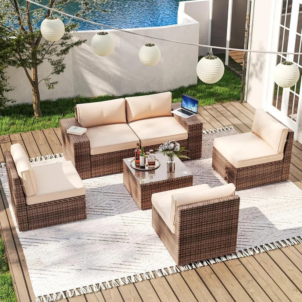 6 Pieces Patio Furniture Set, Outdoor Wicker Rattan Sectional Sofa for Patio, Garden, and Poolside, Garden Furniture Sets