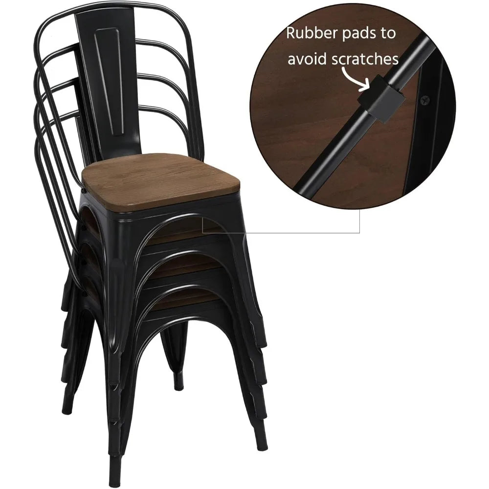 18 Inch Classic Iron Metal Dining Chair with Wood Top/Seat Indoor-Outdoor Use Chic Dining Bistro Cafe  Set of 4 Black