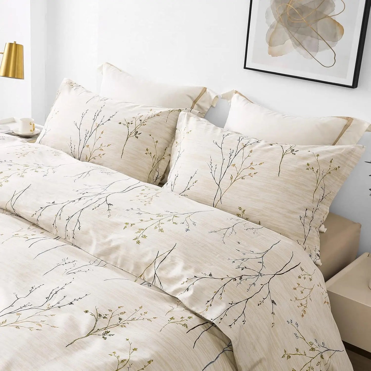 Cotton Duvet Cover Set - 100% Egyptian Cotton Cream Branch Print Bedding Set Queen Size - 1200 Thread Count Breathable