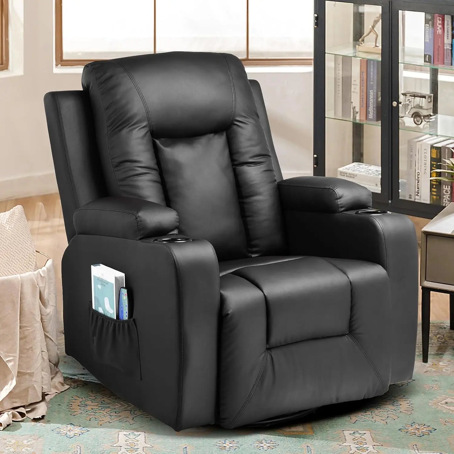 PU Rocking Chair for Adults, Swivel Recliner with Cup Holders, Heat and Massage, Single Sofa Seat with Side Pockets