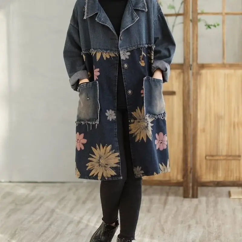 2024 New Arrival Autumn Women Turn-down Collar Casual Long Trench Vintage Floral Print Single Breasted Cotton Denim Coat D333