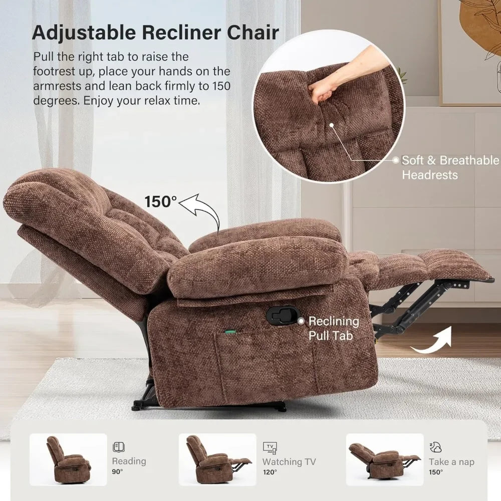 Recliner Chair for Adults with Massage and Heat, Breathable Fabric Reclining Chair with Side Pockets,  Brown,Living Room Chairs