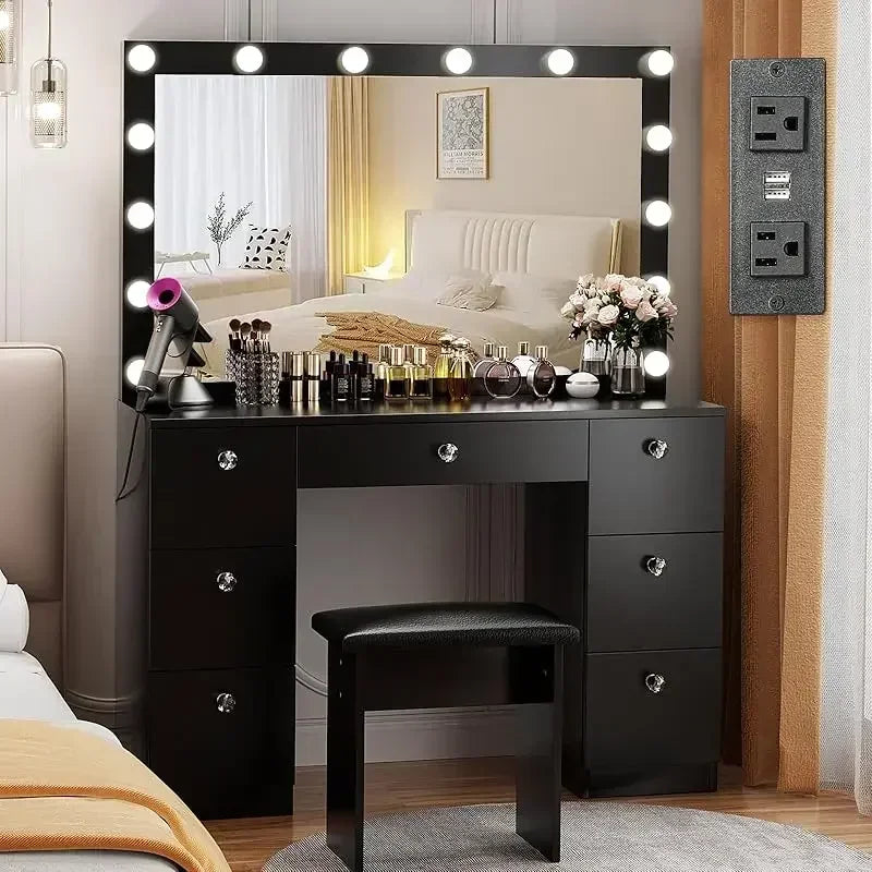 Vanity with Lighted Mirror - Makeup Vanity Desk with Power Outlet and 7 Drawers, 3 Color Lighting Modes Adjustable Brightness