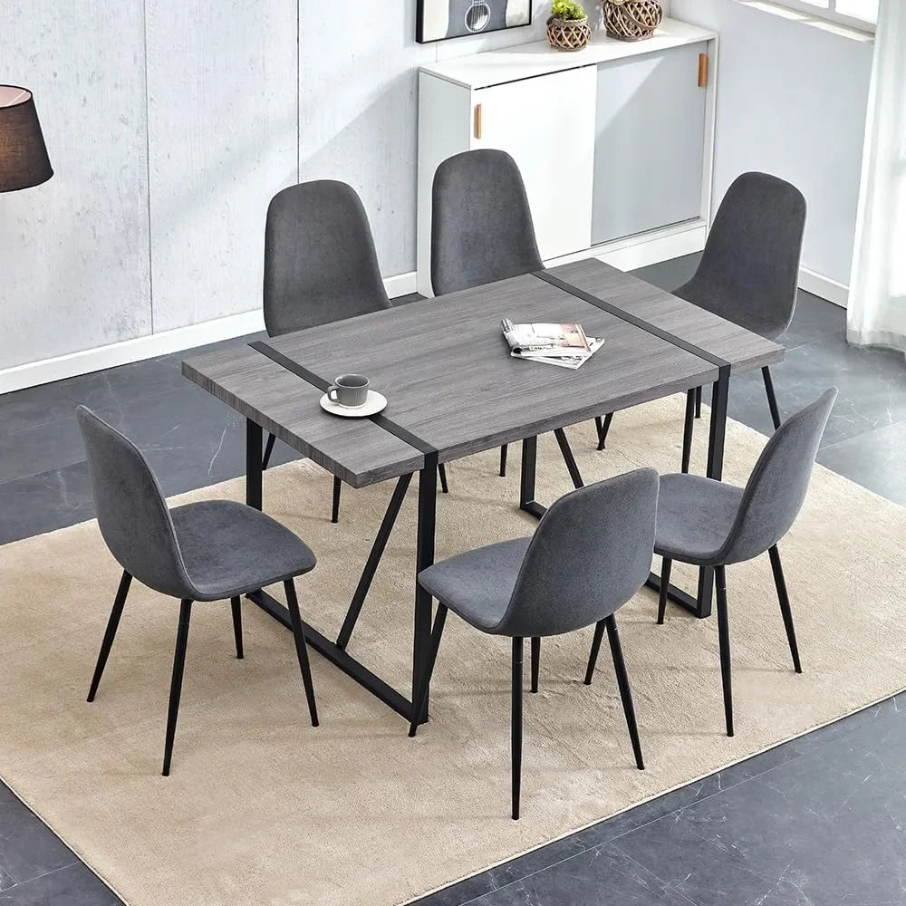 7 Piece Dining Table Set，Dinner Table Set for 6，55'' Kitchen Table and Suede Nap Fabic Chairs Set of 6，