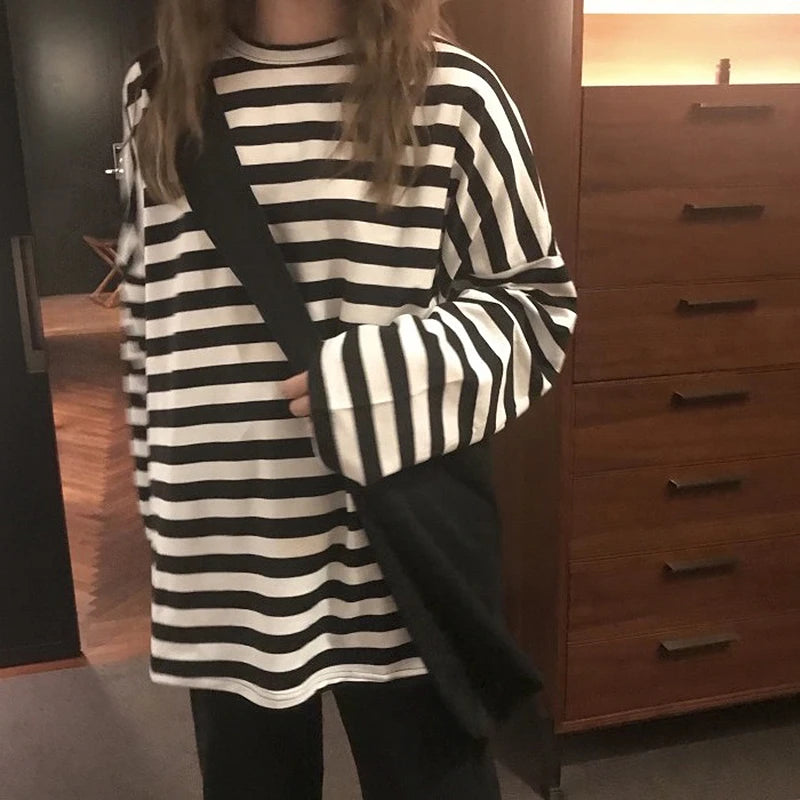 spring Autumn Women harajuku Striped Tshirt Long Sleeve O-Neck T-Shirts ulzzang Korean Casual oversized T Shirt Femme black Tops