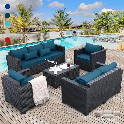 5-Piece Furniture Sofa Set, Outdoor Wicker Sectional Couch with Storage Table Non-Slip Cushions , Rattan Garden Furniture Sets