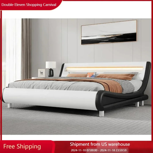 King Size Upholstered Bed Frame, Deluxe Low Profile Sleigh Bed with Faux Leather Ergonomics Headboard, No Box Spring Needed