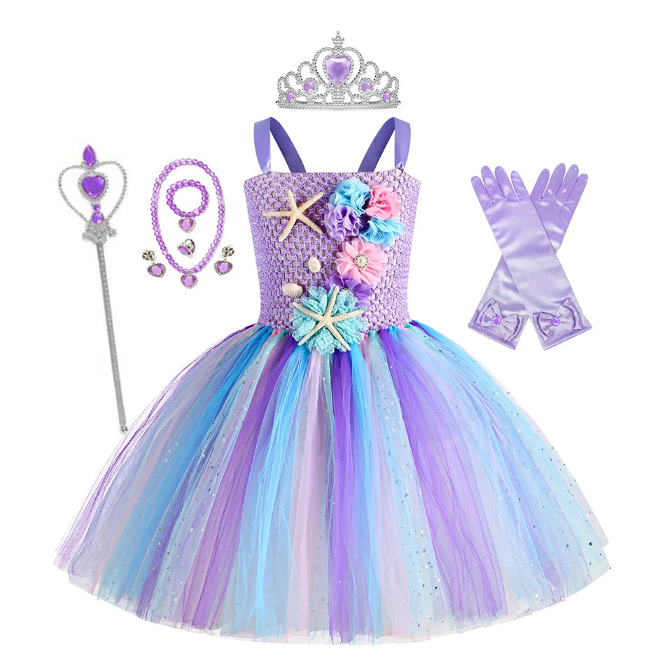 Girls Mermaid Tutu Dress Under the Sea Theme Birthday Party Carnival Costumes with Flower Headband Ocean Halloween Dresses 1-12Y