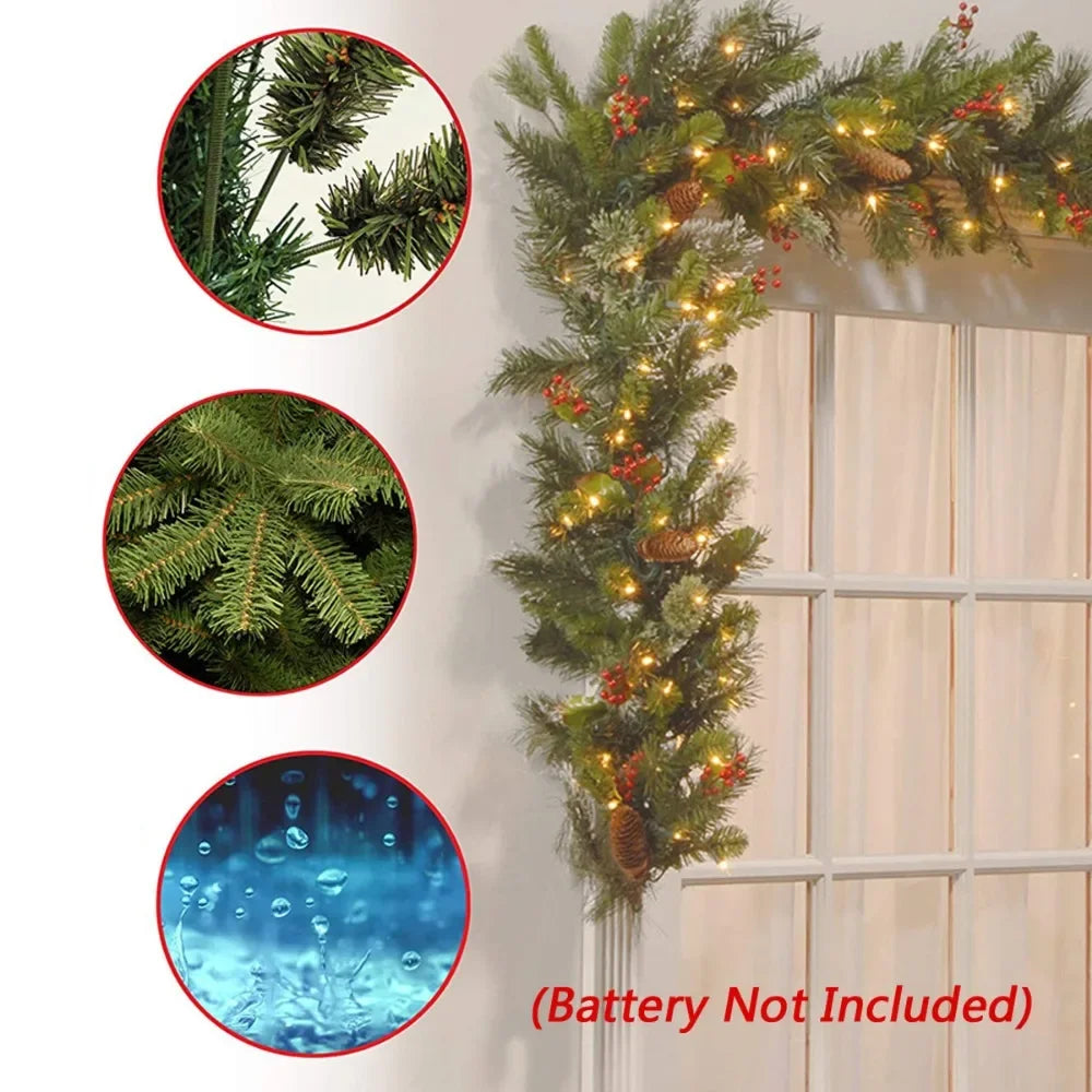 6FT/9FT Christmas Red Fruit Illuminated Rattan PVC Material Lighting Lighting Fairy Pine Fireplace Stair Door Decorative Garland