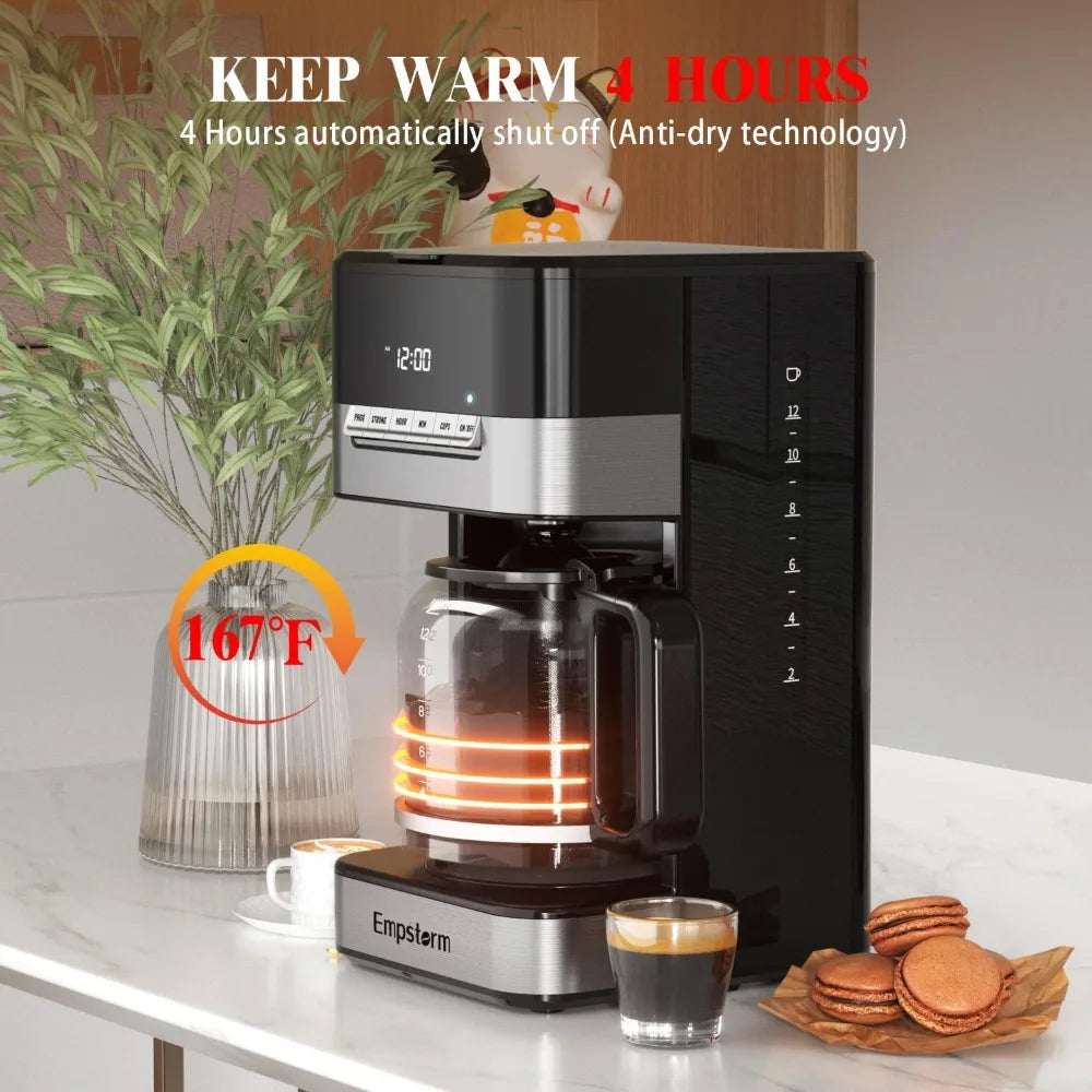 Programmable Drip Coffee Maker 4-12 Cup with Glass Carafe, 4-Hour Auto Shut Off & Keep Warm, Anti-Drip System, Strong Brew