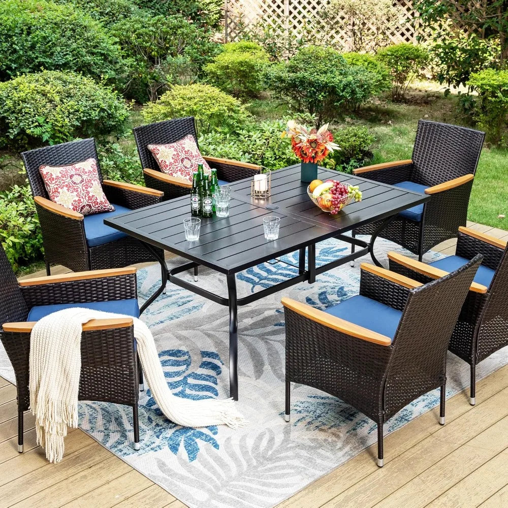 7 Pieces Patio Dining Set,All Weather Dining Set for 6, Patio Table and Chairs Set, Rectangular Outdoor Table and Rattan Chairs