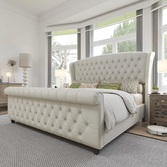 Platform Bed Frame, Velvet Upholstered Sleigh Bed with Scroll Wingback Headboard Footboard/Button Tufted/No Box Spring Required