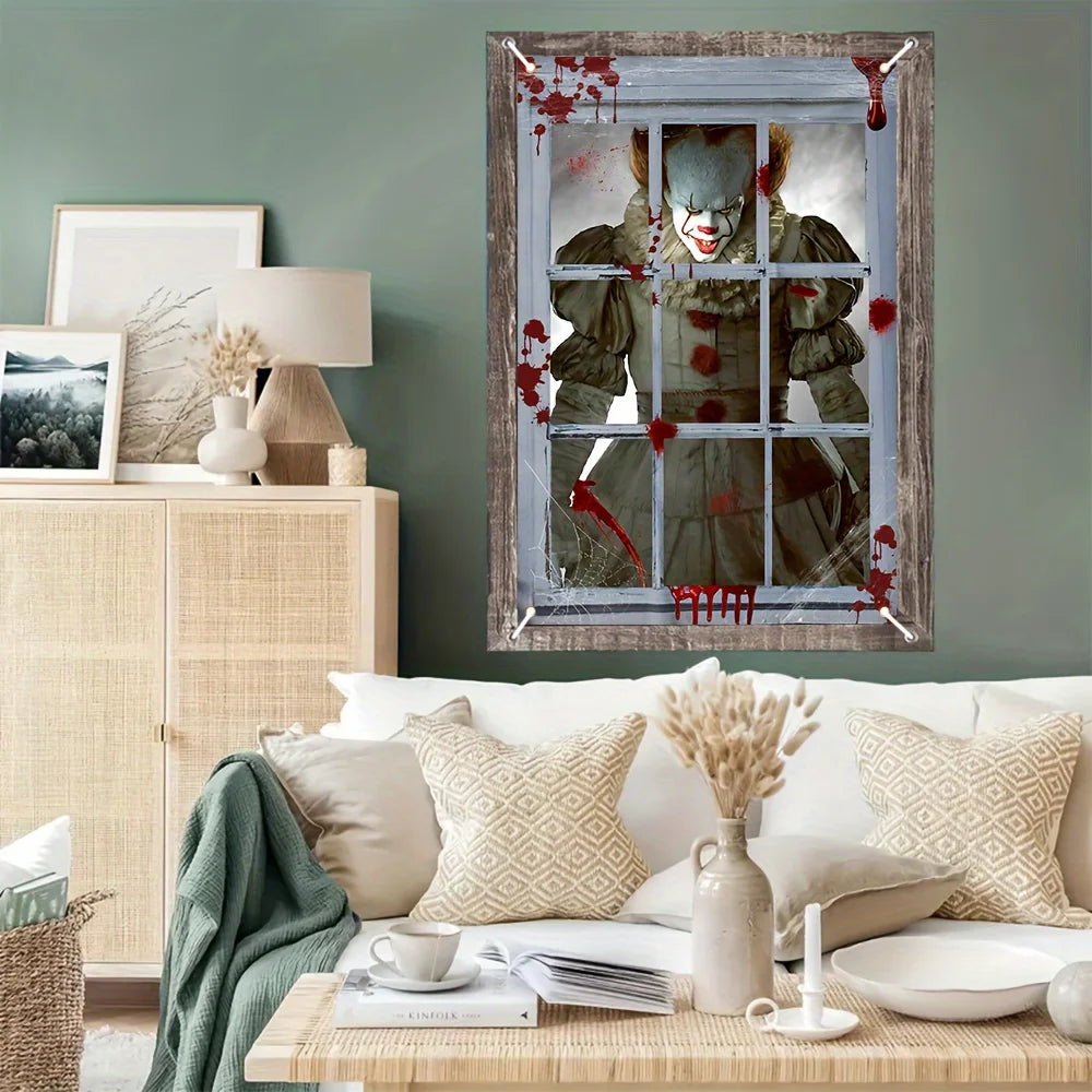 Halloween Horror Clown window decoration banner, polyester material - no power needed - perfect for room decoration