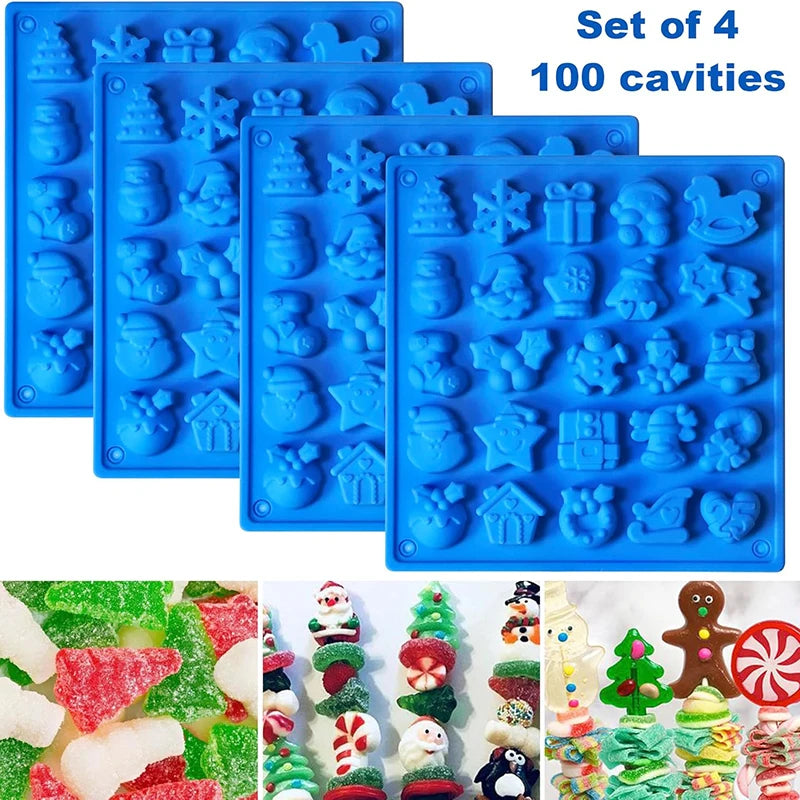 Christmas Chocolate Candy Molds, 4Pcs 100-Cavity Christmas Molds for DIY Santa Claus Snowman Chocolate Jello Gummy Baking Moulds