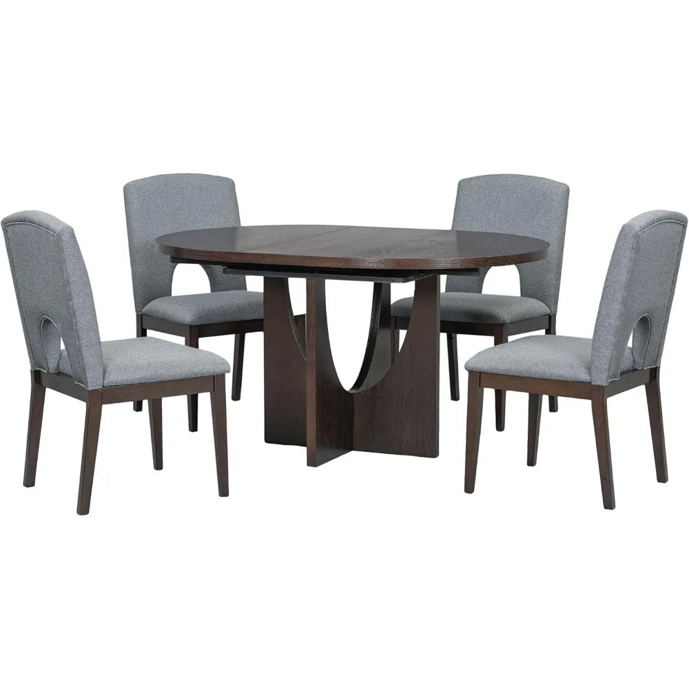 5-Piece Extendable Round Dining Table Set,with 16.2inch Removable Leaf and 4 Full-Back Dinings Chairs,Wood Dining Furniture Sets