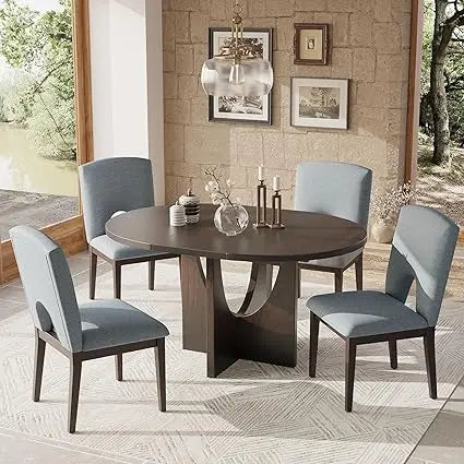 5-Piece Functional Dining Sets, with 16.2inch Removable Leaf 4 Upholstered Chairs,Wood Extendable Round Dining Table Set